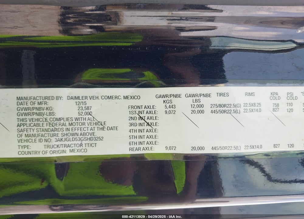 2016 FREIGHTLINER CASCADIA 125 --- VIN: 3AKJGLD53GSHD3252