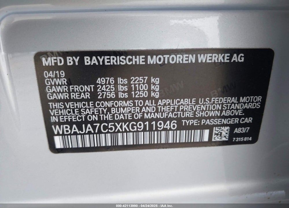 2019 BMW 530I VIN: WBAJA7C5XKG911946