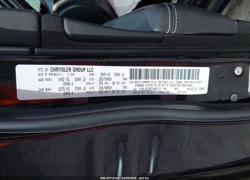 2014 JEEP GRAND CHEROKEE VIN: 1C4RJECG6EC400712