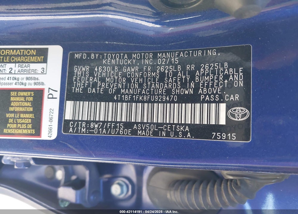 2015 TOYOTA CAMRY VIN: 4T1BF1FK8FU929470