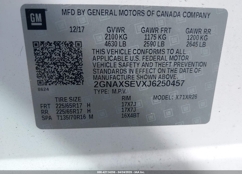 2018 CHEVROLET EQUINOX VIN: 2GNAXSEVXJ6250457