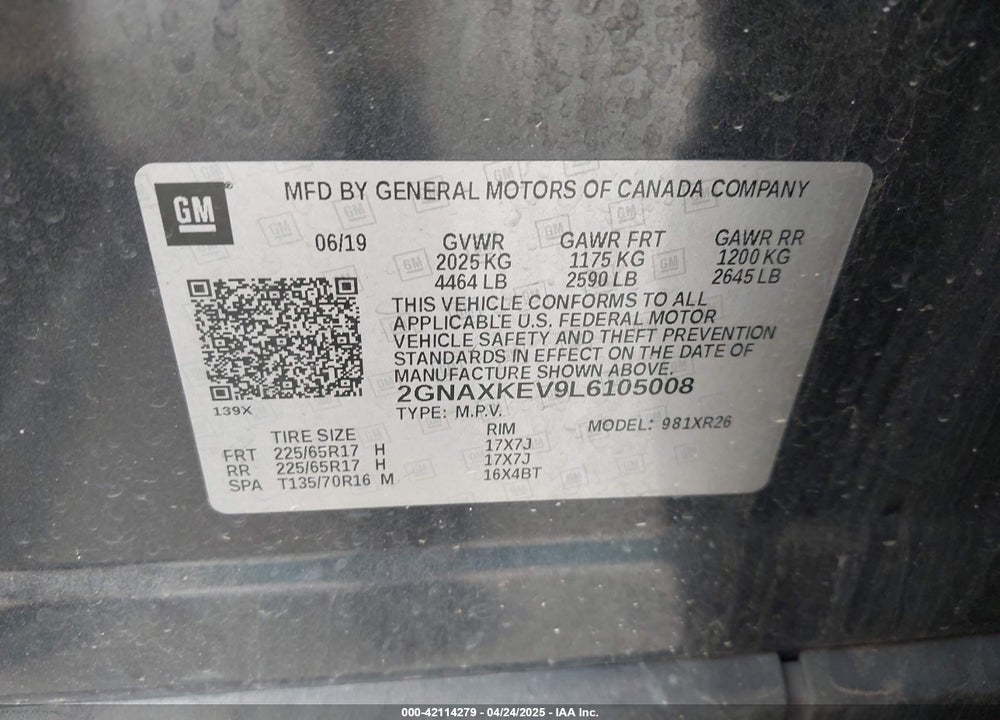 2020 CHEVROLET EQUINOX VIN: 2GNAXKEV9L6105008