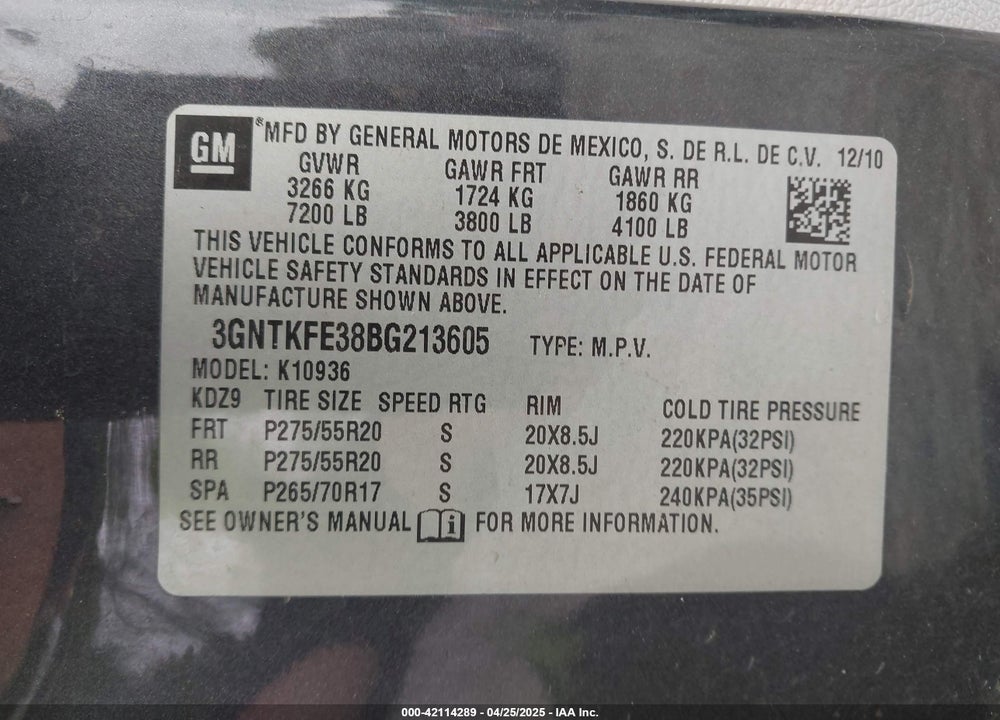 2011 CHEVROLET AVALANCHE 1500 LT1 VIN: 3GNTKFE38BG213605