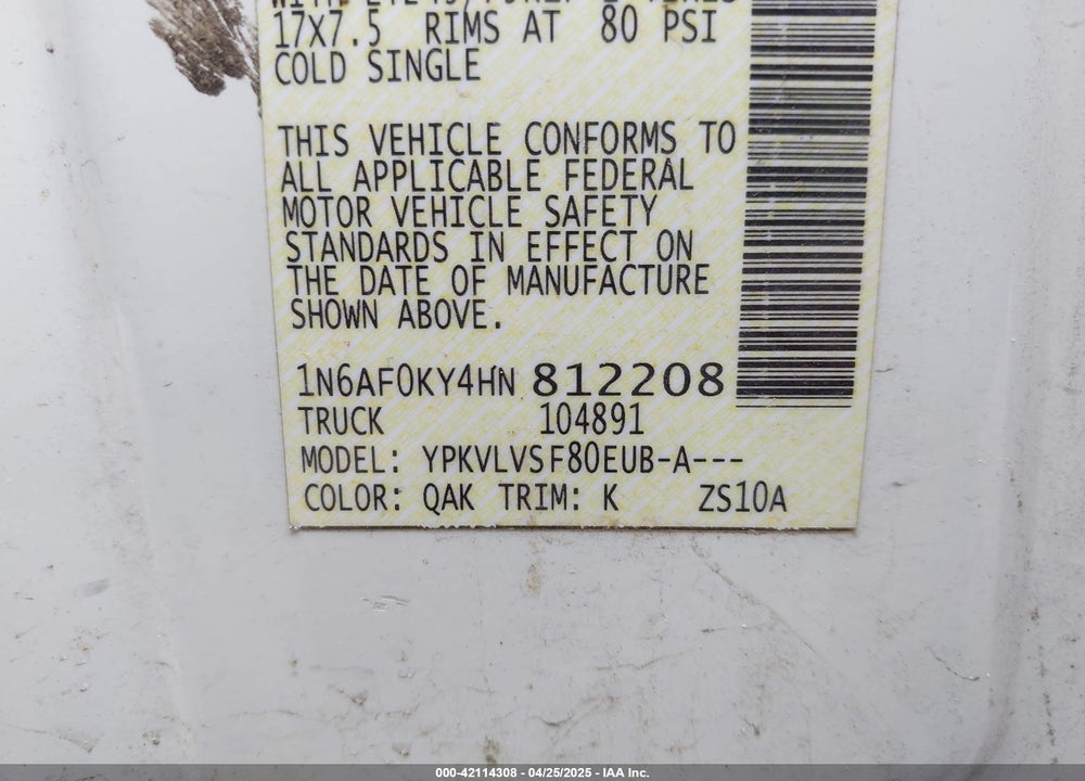 2017 NISSAN NV VIN: 1N6AF0KY4HN812208