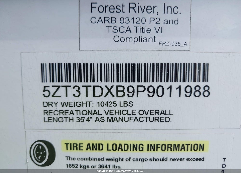2023 FOREST RIVER TANDARA VIN: 5ZT3TDXB9P9011988