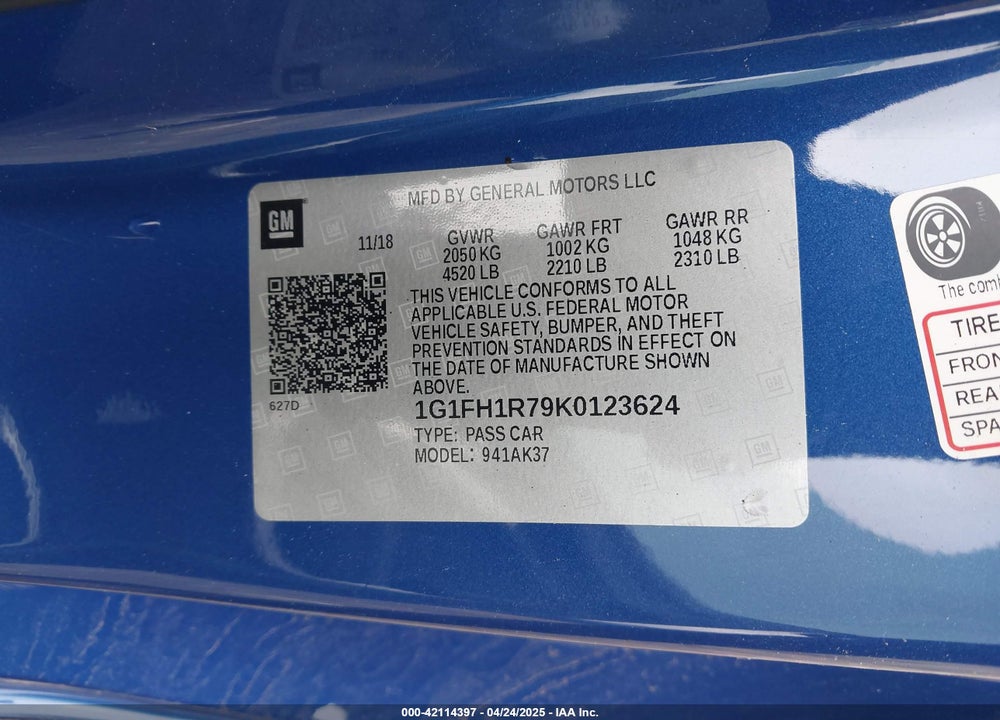 2019 CHEVROLET CAMARO VIN: 1G1FH1R79K0123624
