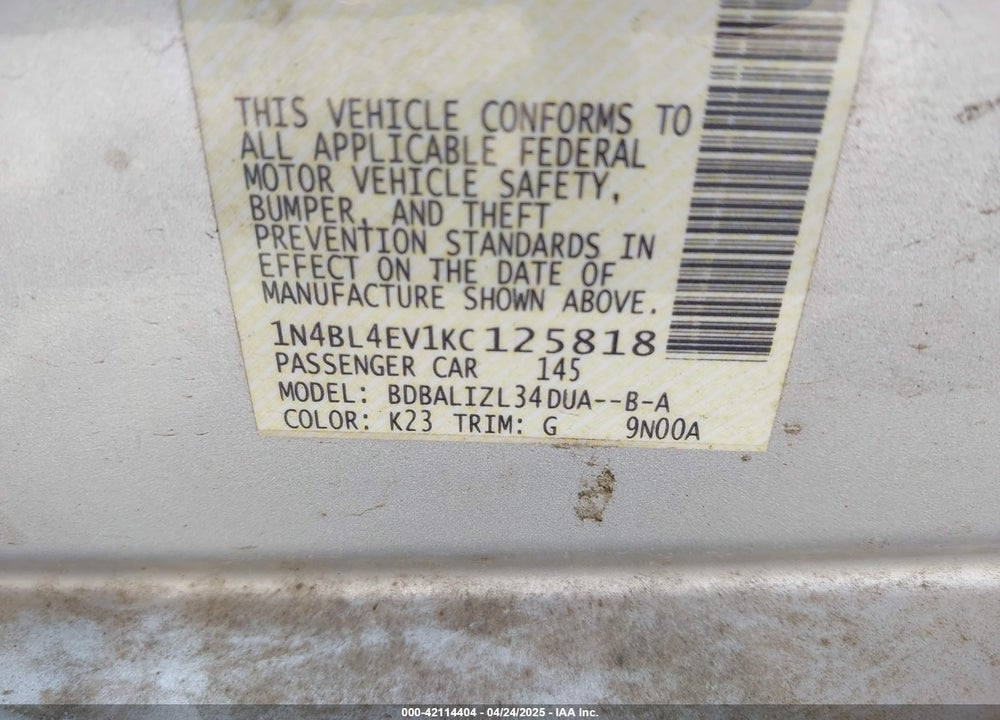 2019 NISSAN ALTIMA VIN: 1N4BL4EV1KC125818