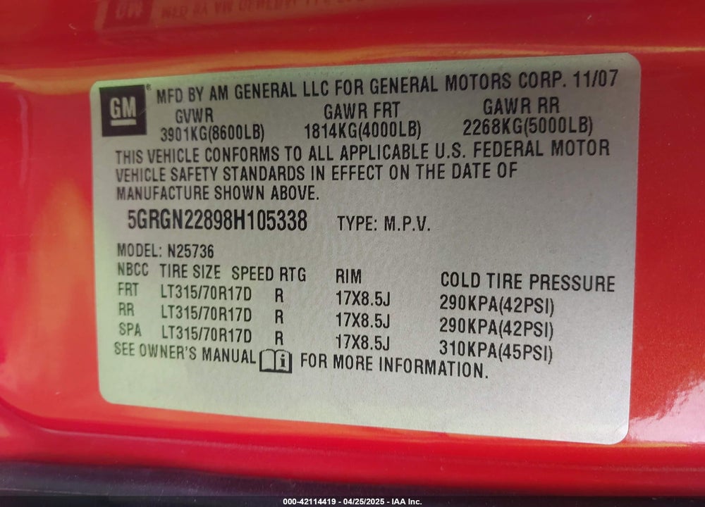 2008 HUMMER H2 SUT VIN: 5GRGN22898H105338