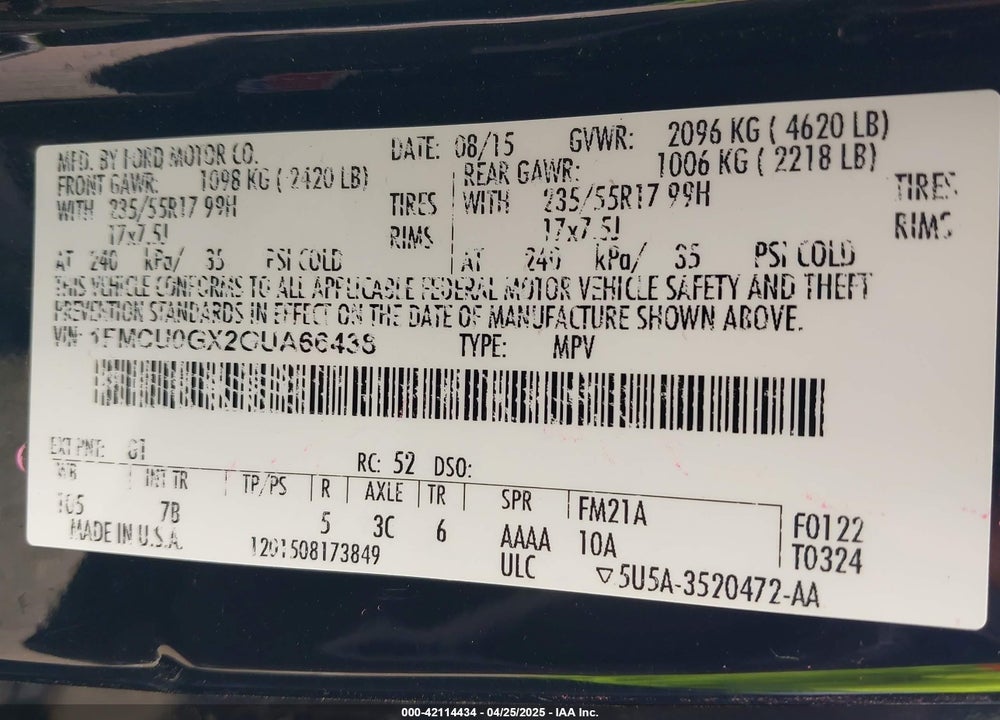 2016 FORD ESCAPE VIN: 1FMCU0GX2GUA66438
