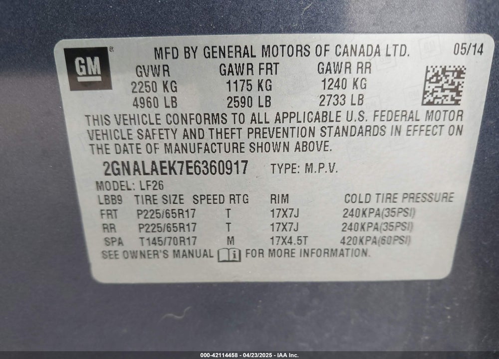 2014 CHEVROLET EQUINOX LS VIN: 2GNALAEK7E6360917