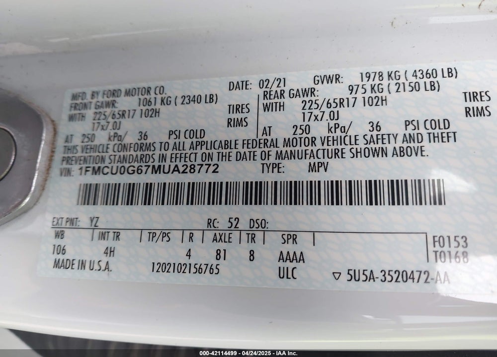 2021 FORD ESCAPE SE VIN: 1FMCU0G67MUA28772