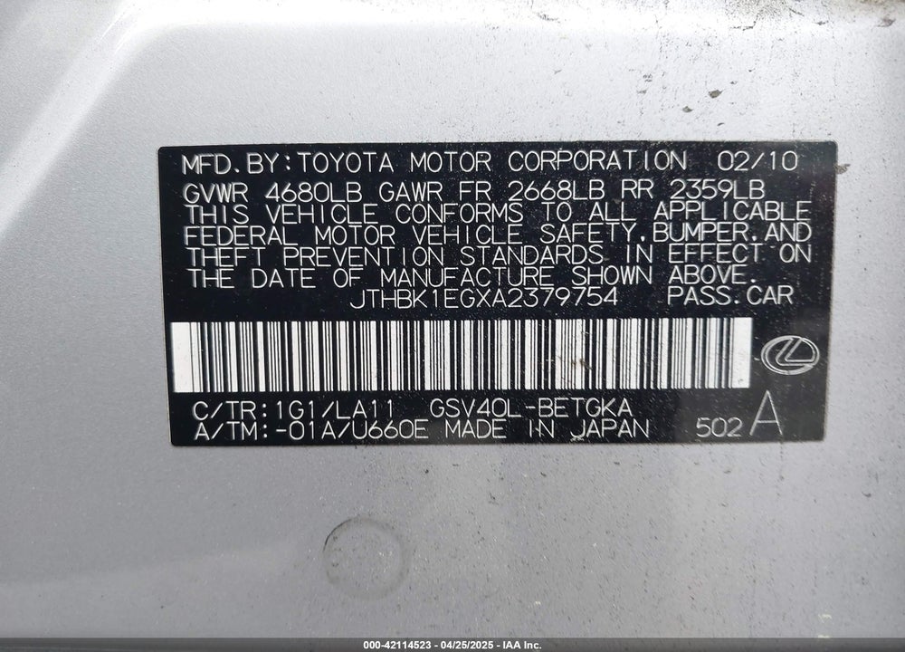 2010 LEXUS ES 350 VIN: JTHBK1EGXA2379754