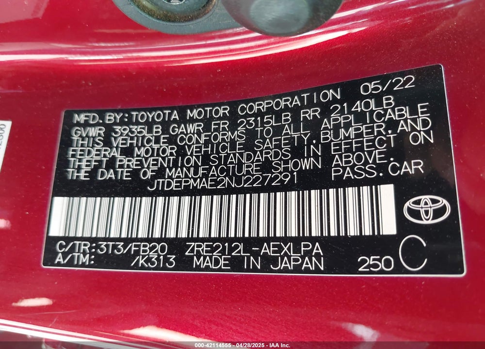 2022 TOYOTA COROLLA VIN: JTDEPMAE2NJ227291