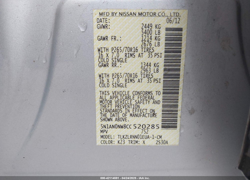 2012 NISSAN XTERRA VIN: 5N1AN0NW8CC520285