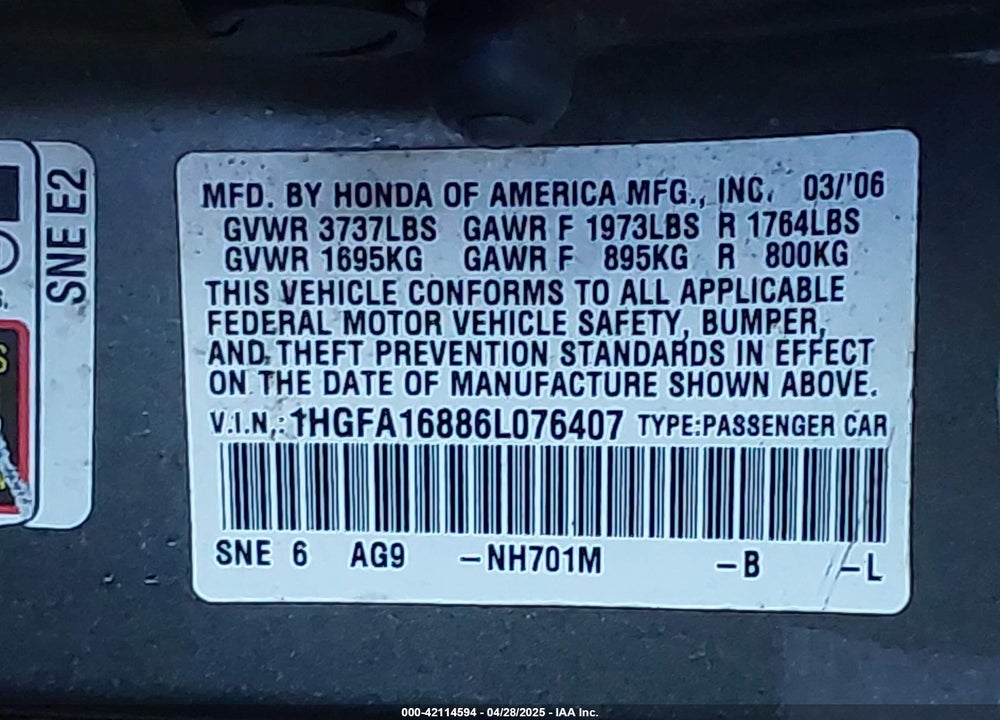 2006 HONDA CIVIC EX VIN: 1HGFA16886L076407