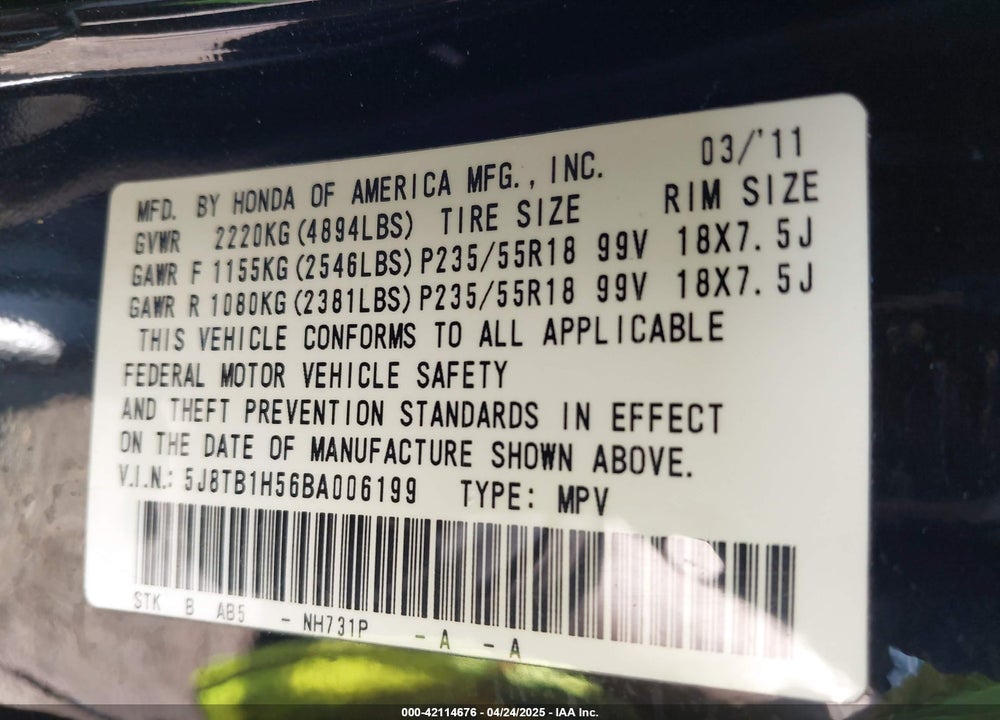 2011 ACURA RDX VIN: 5J8TB1H56BA006199