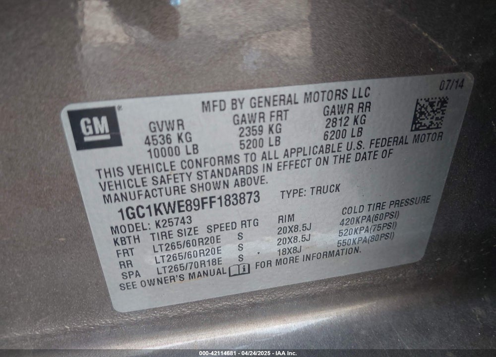 2015 CHEVROLET SILVERADO VIN: 1GC1KWE89FF183873