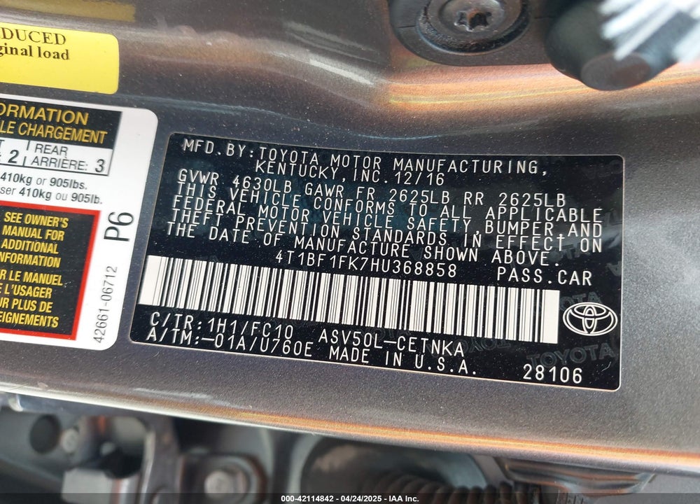 2017 TOYOTA CAMRY LE VIN: 4T1BF1FK7HU368858