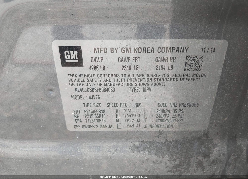 2015 BUICK ENCORE VIN: KL4CJCSB3FB084039