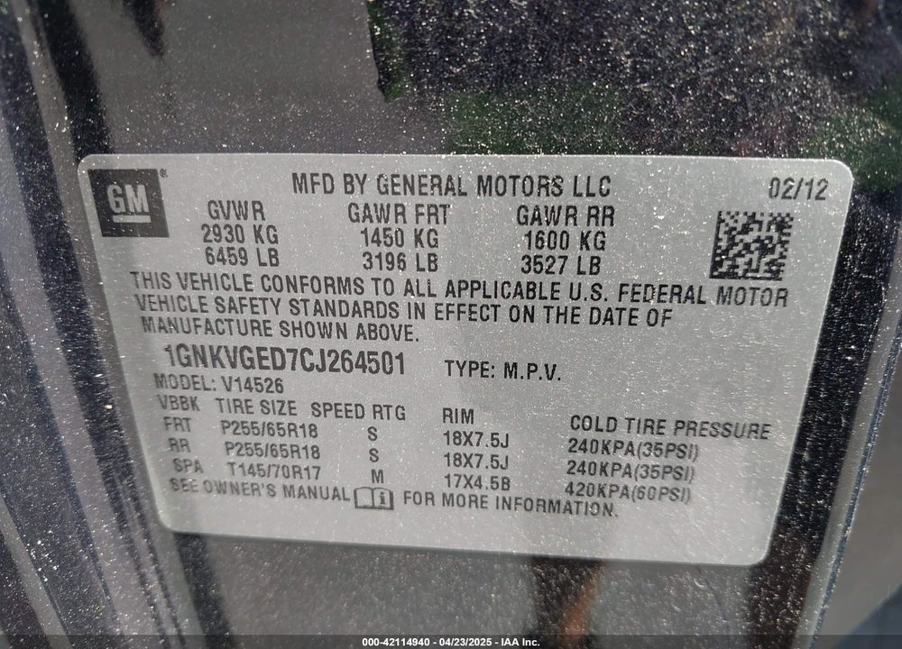2012 CHEVROLET TRAVERSE VIN: 1GNKVGED7CJ264501
