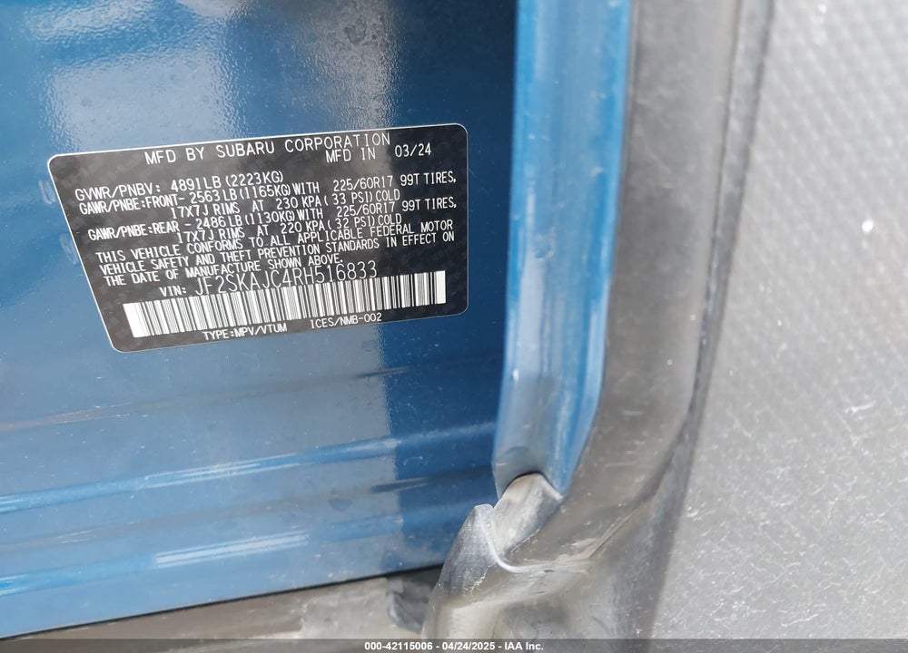 2024 SUBARU FORESTER VIN: JF2SKAJC4RH516833