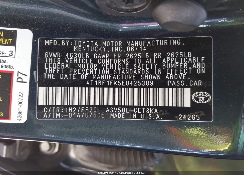 2014 TOYOTA CAMRY SE VIN: 4T1BF1FK5EU425389