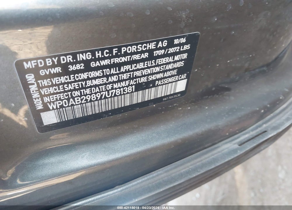 2007 PORSCHE CAYMAN S VIN: WP0AB29897U781381
