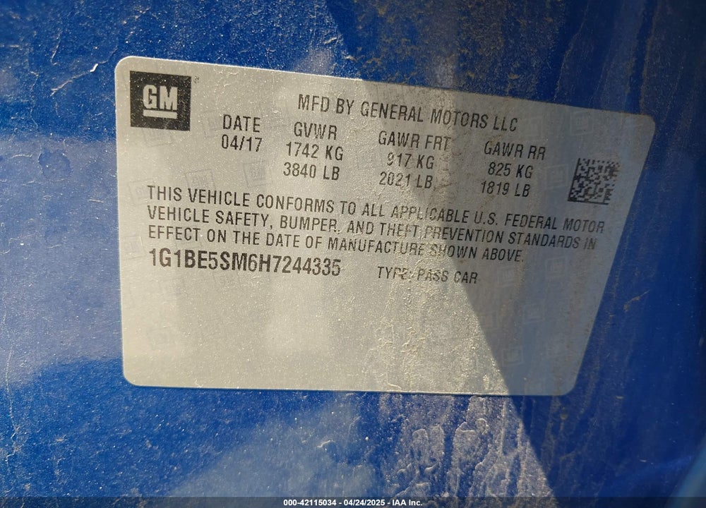2017 CHEVROLET CRUZE VIN: 1G1BE5SM6H7244335