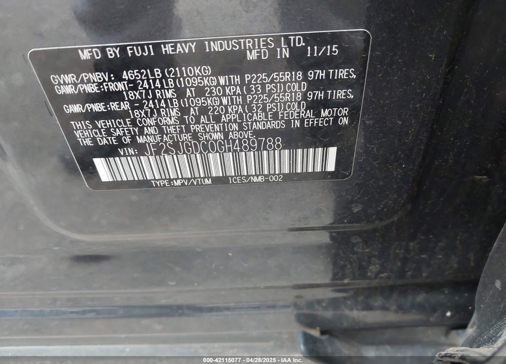 2016 SUBARU FORESTER VIN: JF2SJGDC0GH489788