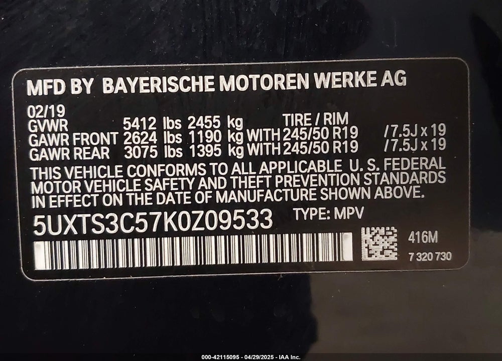 2019 BMW X3 VIN: 5UXTS3C57K0Z09533