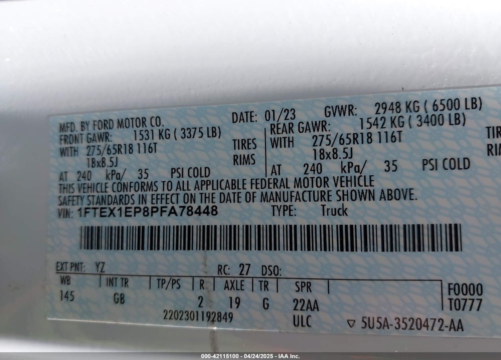 2023 FORD F-150 XL VIN: 1FTEX1EP8PFA78448