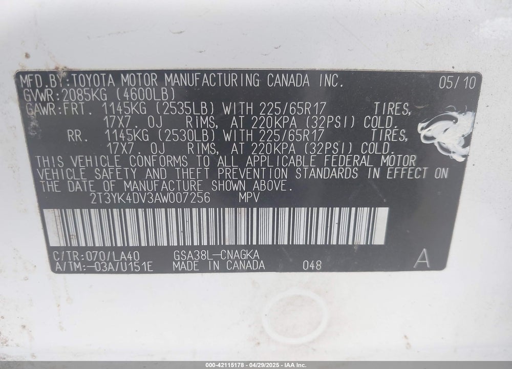 2010 TOYOTA RAV4 LIMITED V6 VIN: 2T3YK4DV3AW007256