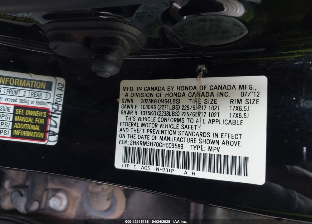 2012 HONDA CR-V VIN: 2HKRM3H70CH509589