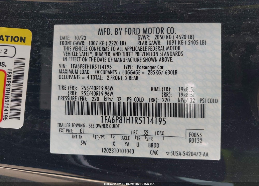 2024 FORD MUSTANG ECOBOOST PREMIUM FASTBACK VIN: 1FA6P8TH1R5114195