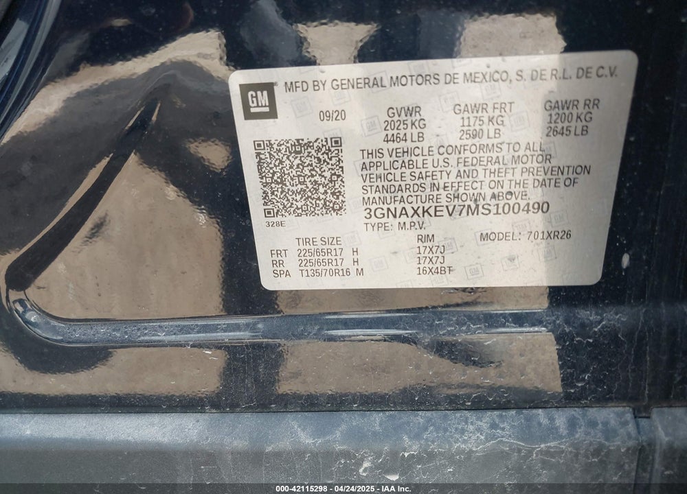 2021 CHEVROLET EQUINOX VIN: 3GNAXKEV7MS100490