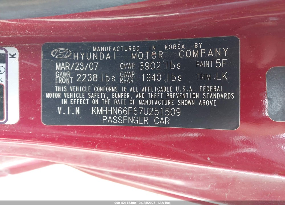 2007 HYUNDAI TIBURON GT/GT LIMITED/SE VIN: KMHHN66F67U251509