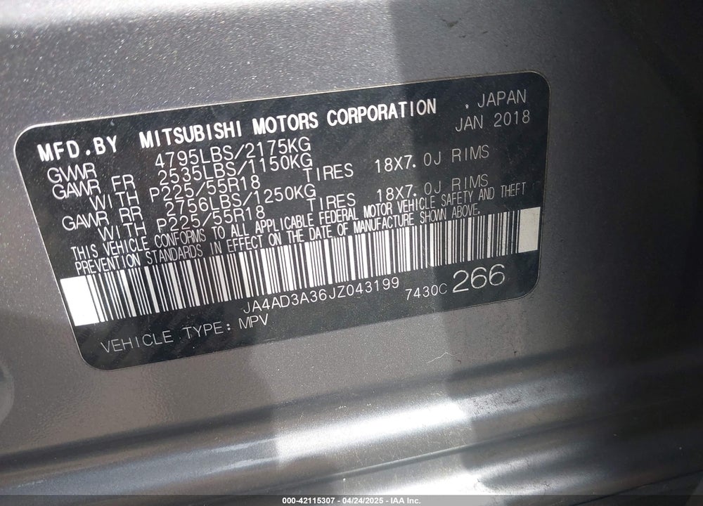 2018 MITSUBISHI OUTLANDER SE VIN: JA4AD3A36JZ043199