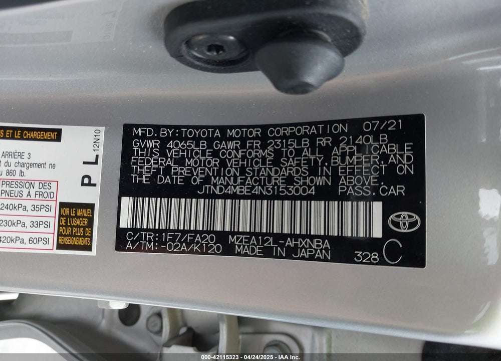 2022 TOYOTA COROLLA VIN: JTND4MBE4N3153004