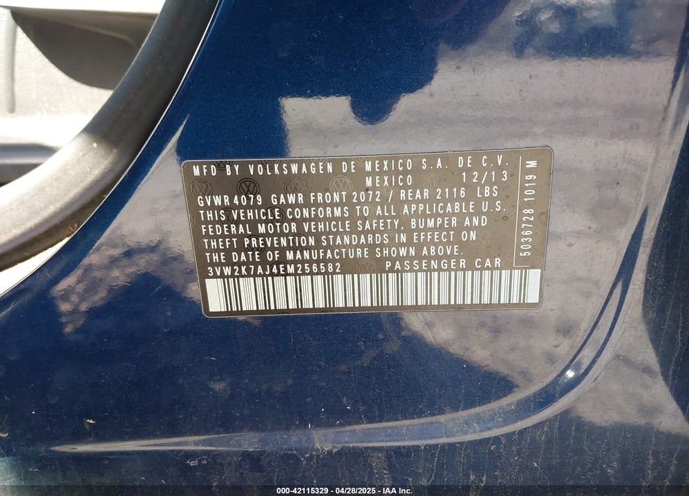 2014 VOLKSWAGEN JETTA VIN: 3VW2K7AJ4EM256582