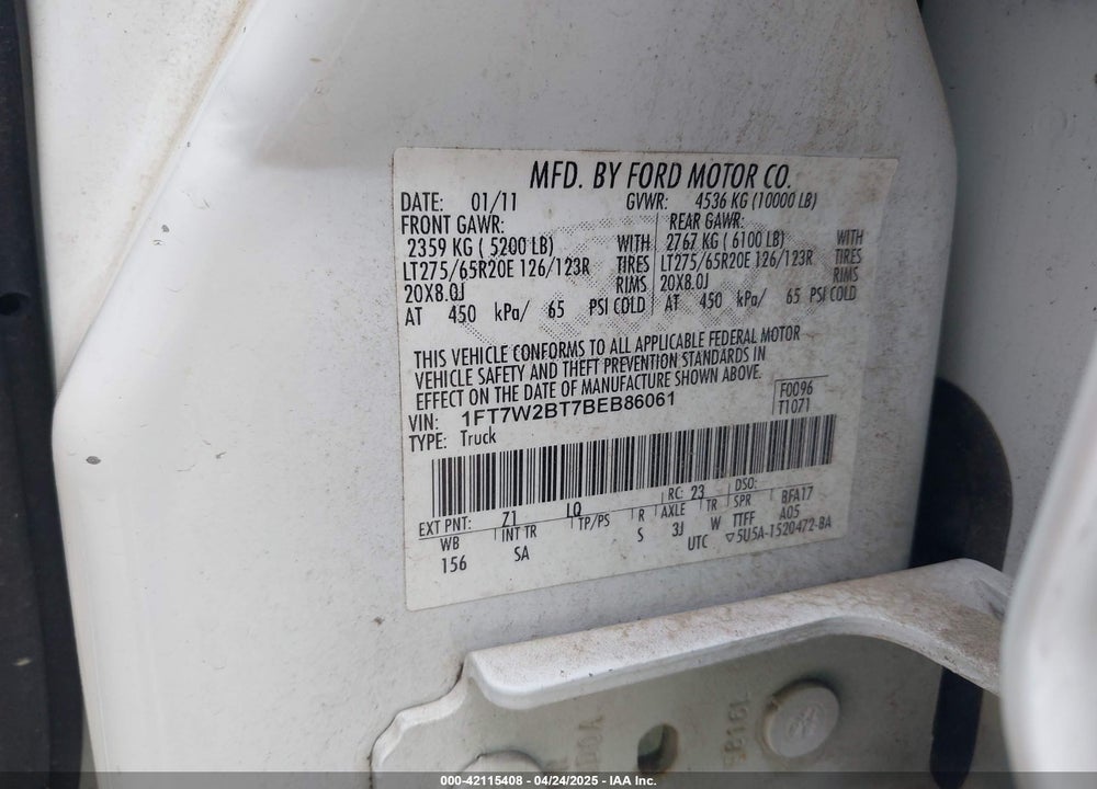 2011 FORD F-250 VIN: 1FT7W2BT7BEB86061