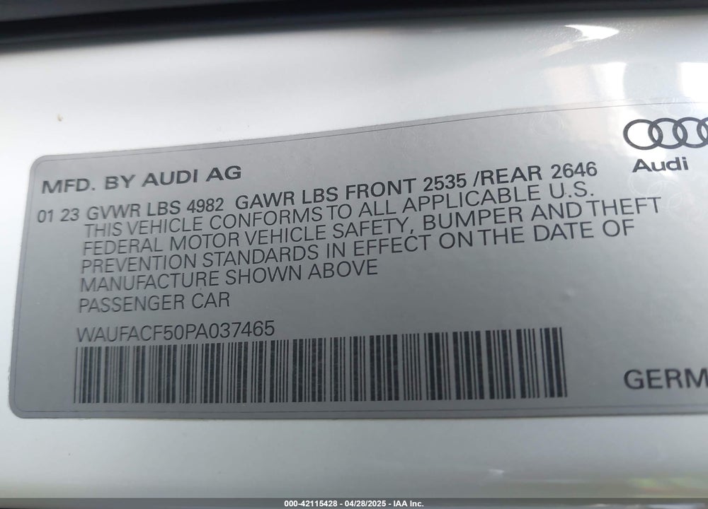 2023 AUDI A5 SPORTBACK PREMIUM PLUS 45 TFSI S LINE QUATTRO S TRONIC VIN: WAUFACF50PA037465