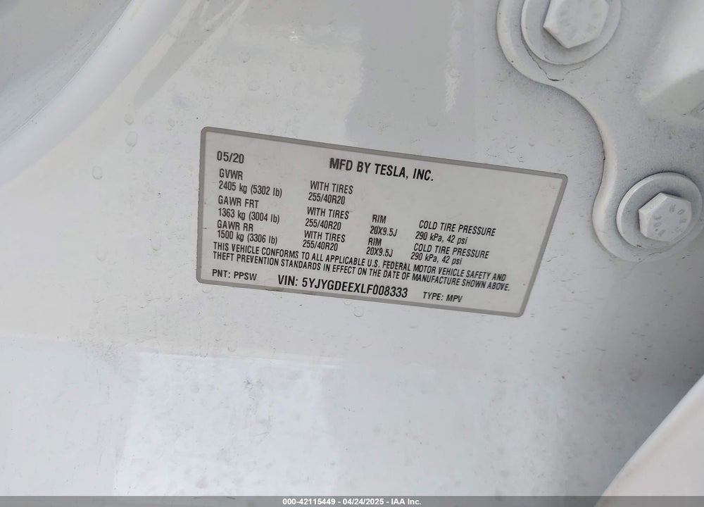 2020 TESLA MODEL Y VIN: 5YJYGDEEXLF008333