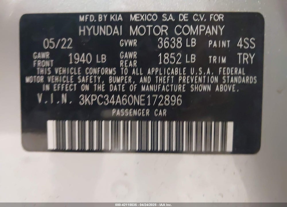 2022 HYUNDAI ACCENT VIN: 3KPC34A60NE172896