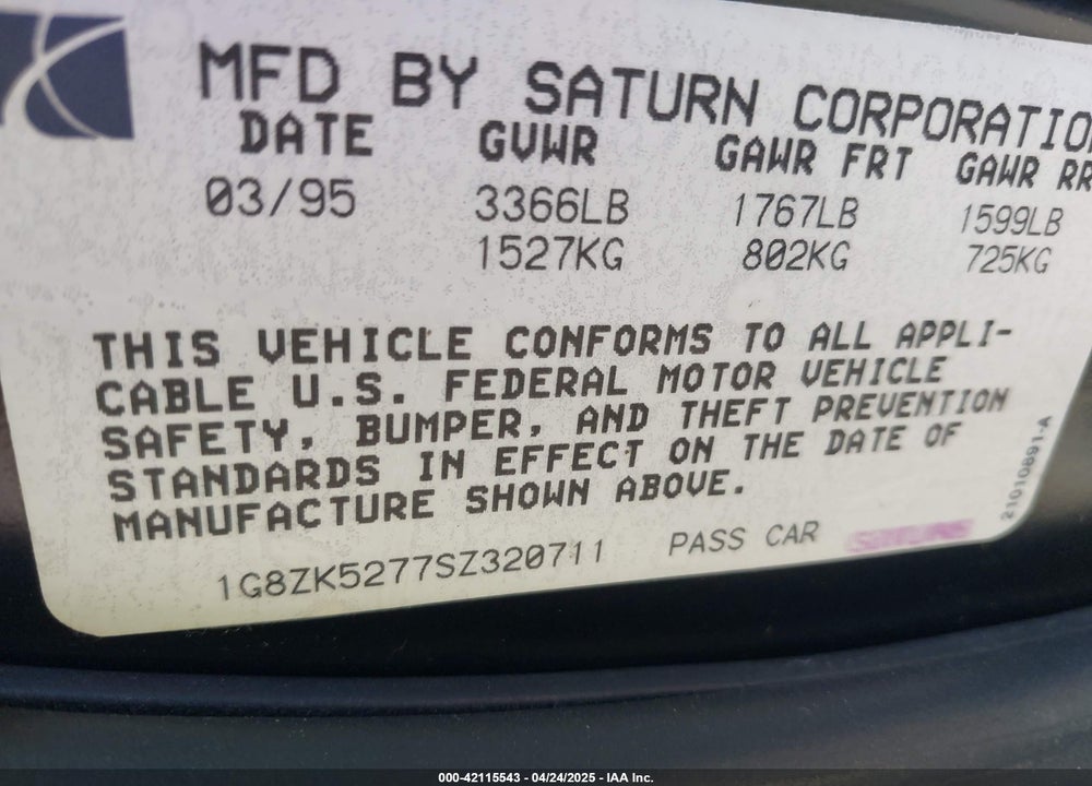 1995 SATURN SL2 VIN: 1G8ZK5277SZ320711