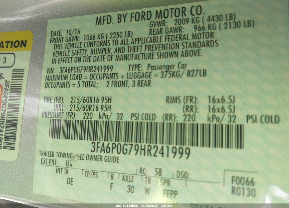 2017 FORD FUSION S VIN: 3FA6P0G79HR241999