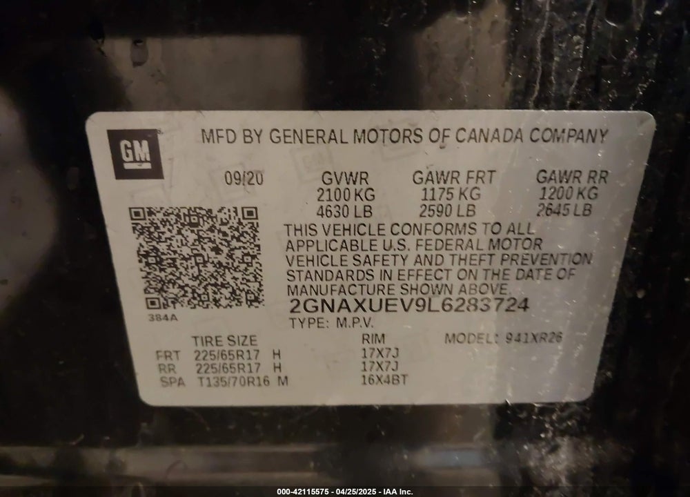 2020 CHEVROLET EQUINOX AWD LT 1.5L TURBO VIN: 2GNAXUEV9L6283724