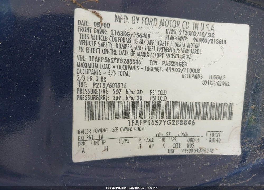 2000 FORD TAURUS SEL VIN: 1FAFP56S7YG288846