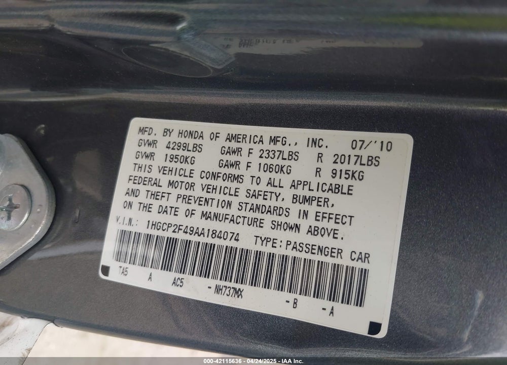 2010 HONDA ACCORD VIN: 1HGCP2F49AA184074