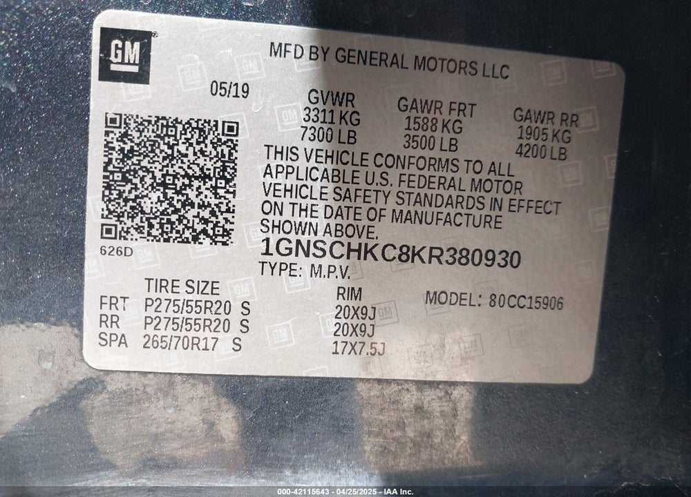 2019 CHEVROLET SUBURBAN LT VIN: 1GNSCHKC8KR380930