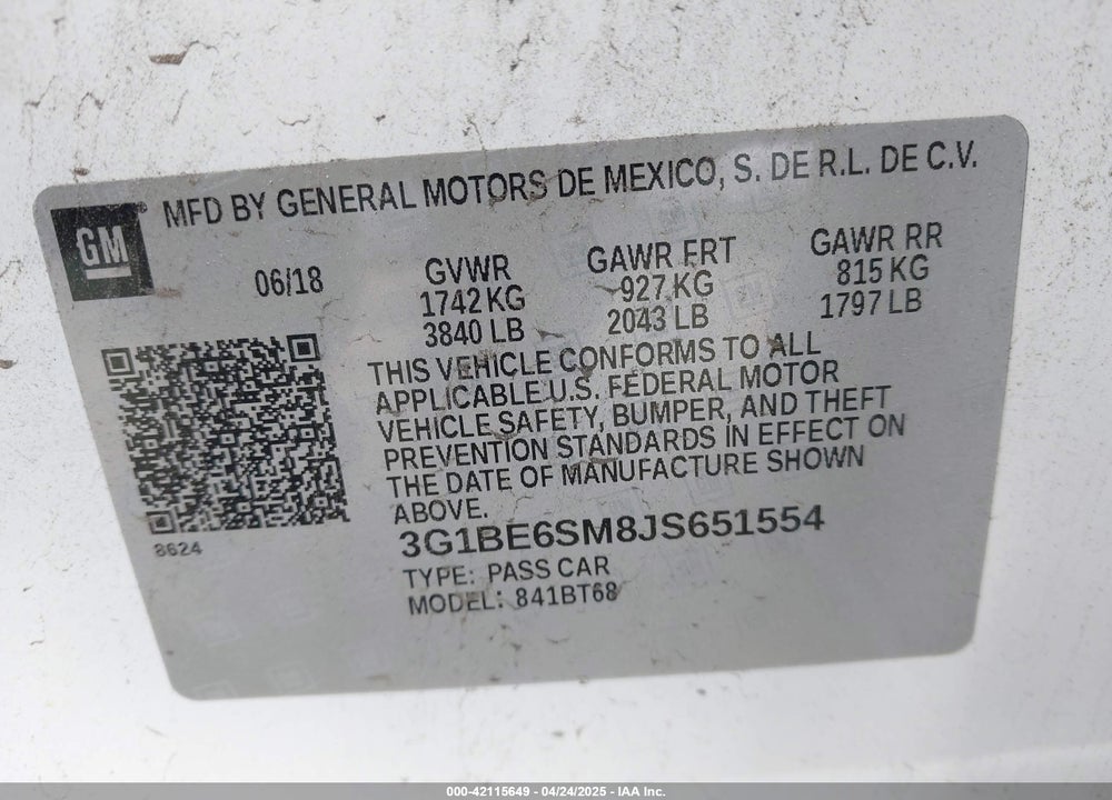 2018 CHEVROLET CRUZE VIN: 3G1BE6SM8JS651554